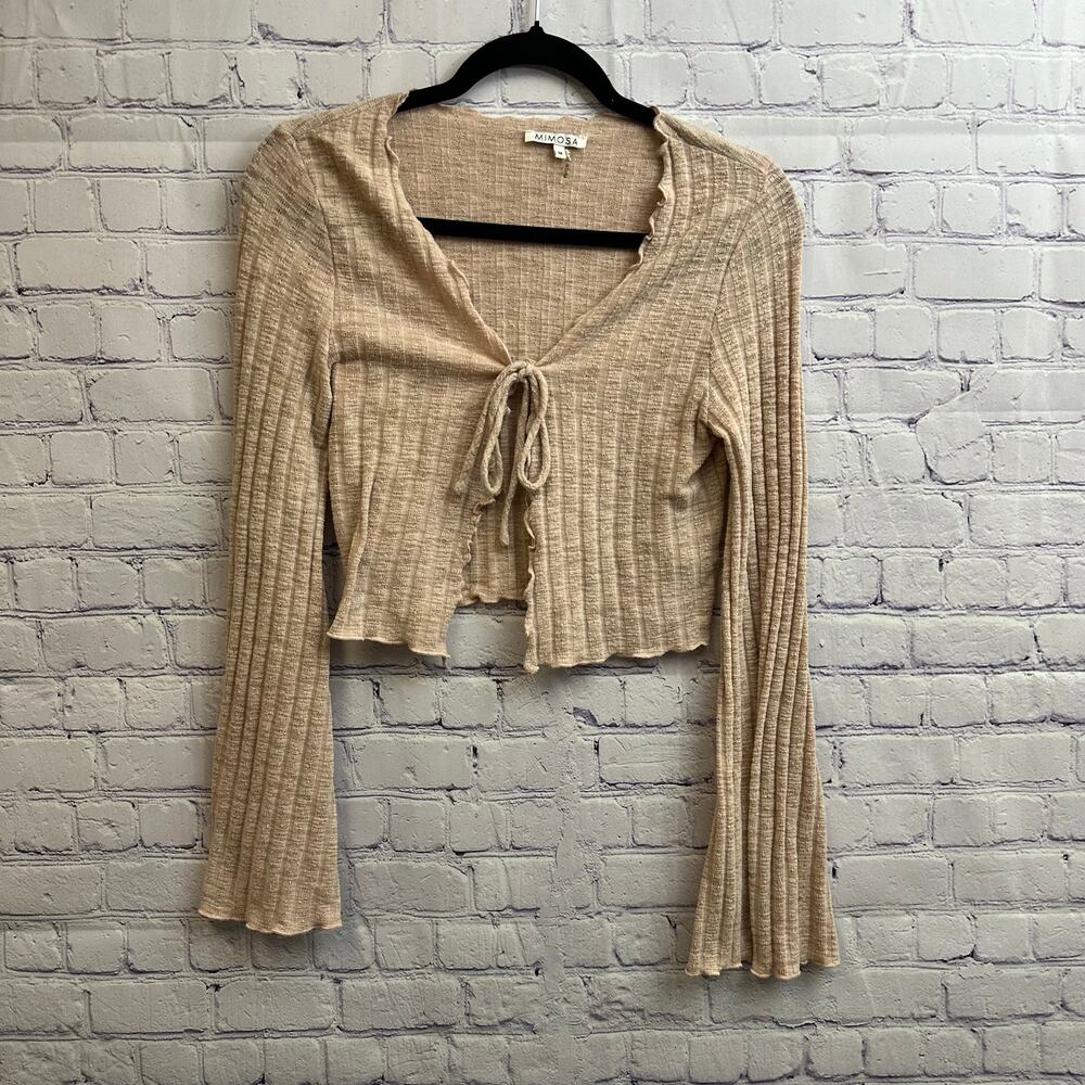 Mimosa Beige Pink Ribbed Knit Tie-Front Bell Sleeve Cardigan Crop Top Medium